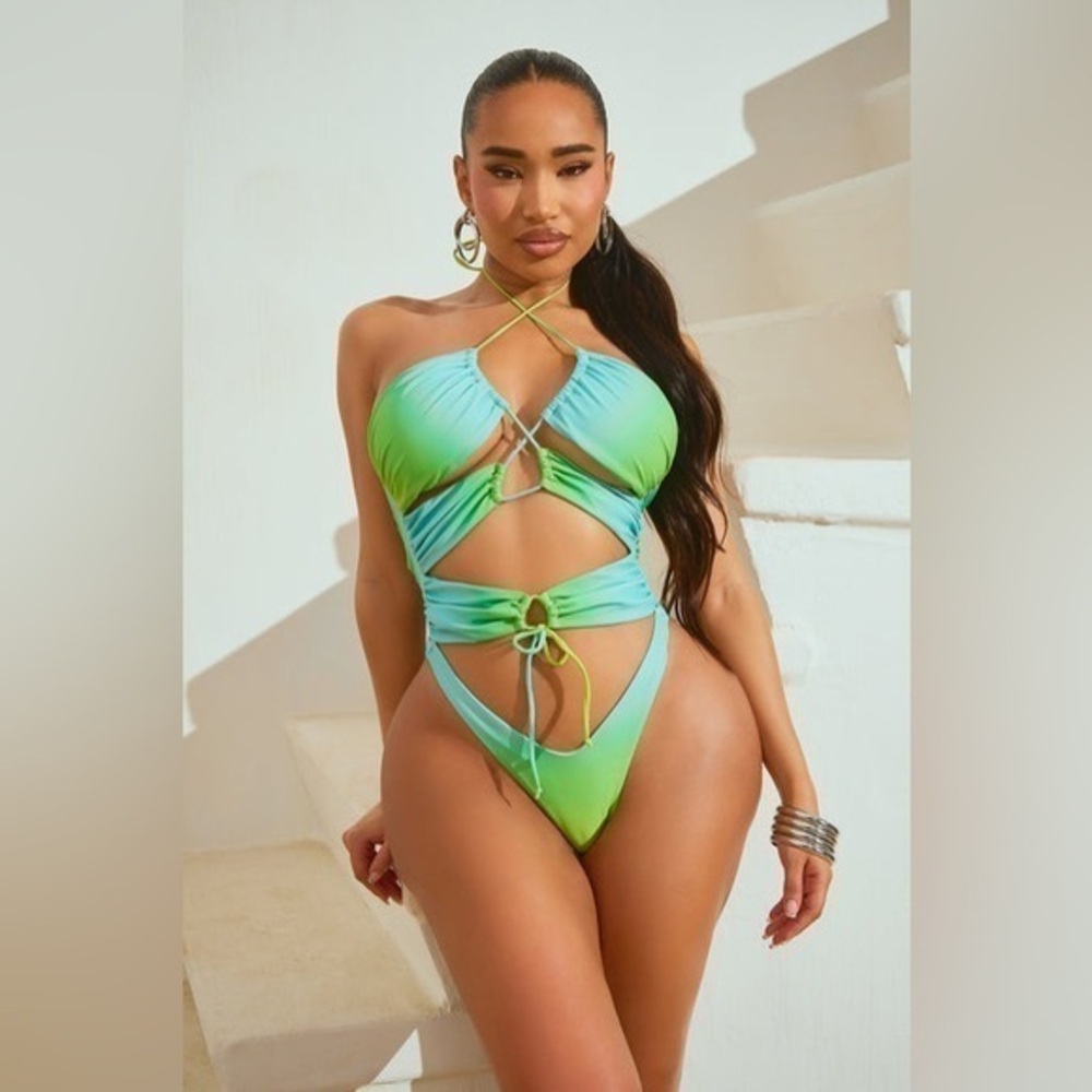 NWT Fashion Nova Jacky Cutout 1 Piece Swimsuit Green blue Ombre tie dye SMALL